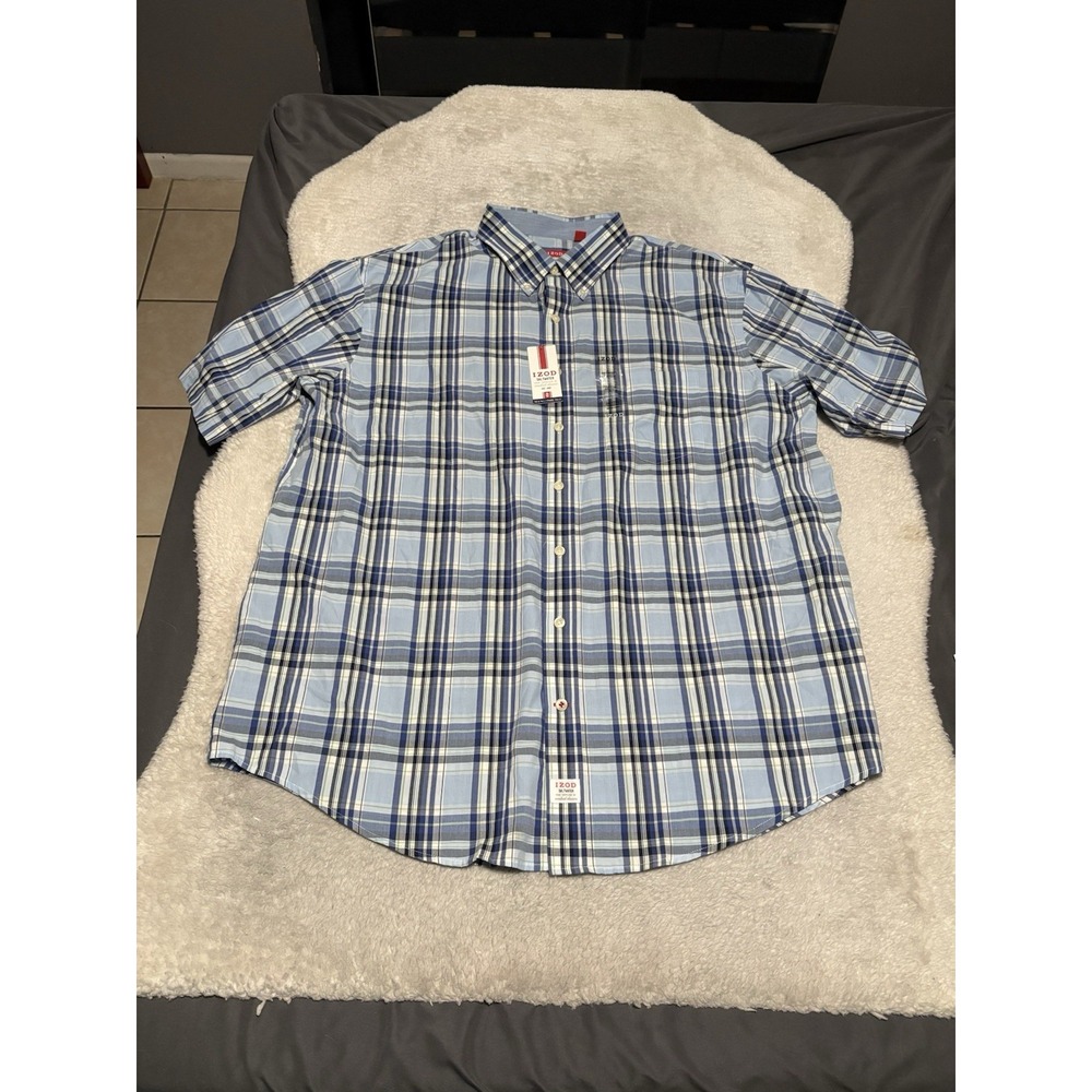 Izod Saltwater Men's Blue Short Sleeve Plaid Button Down Shirt Size 2XLT NWT Top